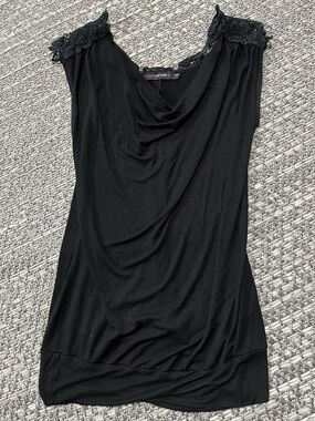 Candy Couture | Black Y2K Cowl Neck Tank With Lace Trim Along Shoulders